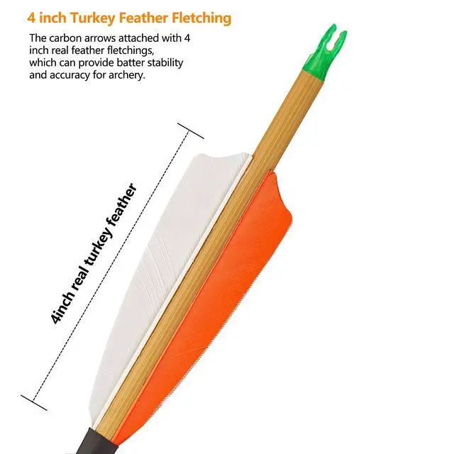 Alt view image 3 of 7 - Premium 30" Carbon Hunting Arrows with 4" Real Turkey Feathers Fletching and Removable Tips - 500 Spine Practice Target Arrows for Recurve Bow Long Bow -12Pcs