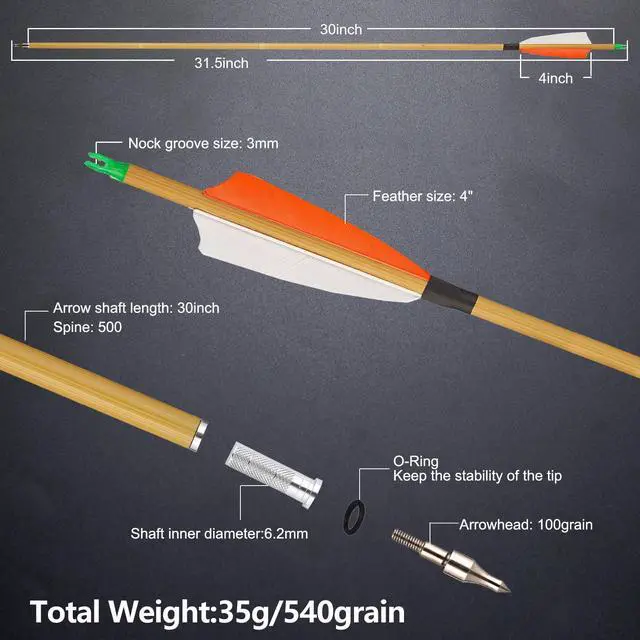 Alt view image 4 of 7 - Premium 30" Carbon Hunting Arrows with 4" Real Turkey Feathers Fletching and Removable Tips - 500 Spine Practice Target Arrows for Recurve Bow Long Bow -12Pcs