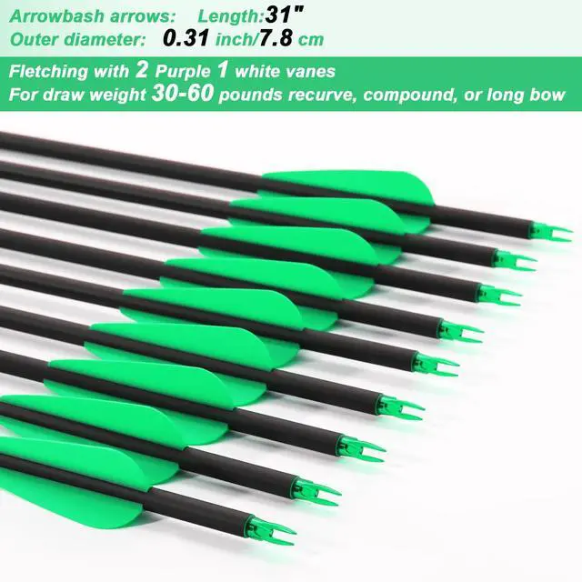 Alt view image 3 of 7 - 24 Pcs 31.5 Inch Arrows for Compound Bow Hunting Arrows Carbon Arrows with 3 Inch Plastic Arrow Feathers and Removable Tips 500-600 Spine Archery Target Arrows for Recurve Bow