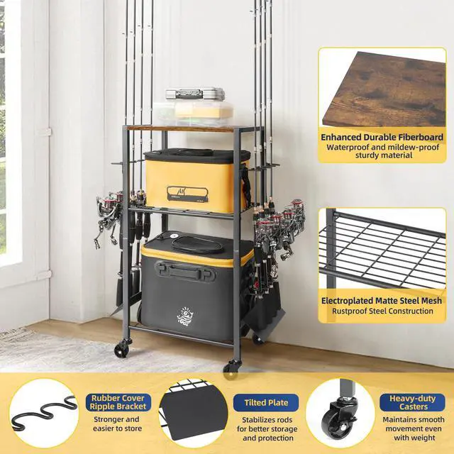 Alt view image 2 of 7 - Fishing Rod Holders, Rolling Fishing Rod Rack for Garage & Boat, Tackle Box & Reel Holder Cart, Easy Assembly Fishing Gear Management System, Ideal Birthday Gift for Men Dad Anglers