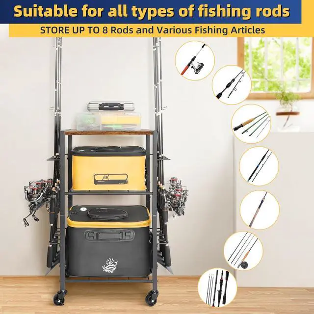 Alt view image 5 of 7 - Fishing Rod Holders, Rolling Fishing Rod Rack for Garage & Boat, Tackle Box & Reel Holder Cart, Easy Assembly Fishing Gear Management System, Ideal Birthday Gift for Men Dad Anglers