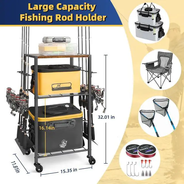 Alt view image 4 of 7 - Fishing Rod Holders, Rolling Fishing Rod Rack for Garage & Boat, Tackle Box & Reel Holder Cart, Easy Assembly Fishing Gear Management System, Ideal Birthday Gift for Men Dad Anglers