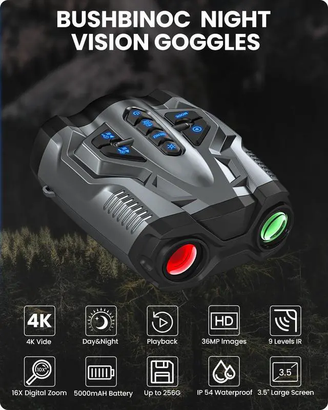 Alt view image 2 of 7 - Night Vision Binoculars for Adults: 4K Video Recorder - 12H Continuous Recording - 16X Digital Zoom - 9-Level Infrared - 250m/820ft Dark View Wildlife & Outdoor Gifts for Men, Dad, Husband