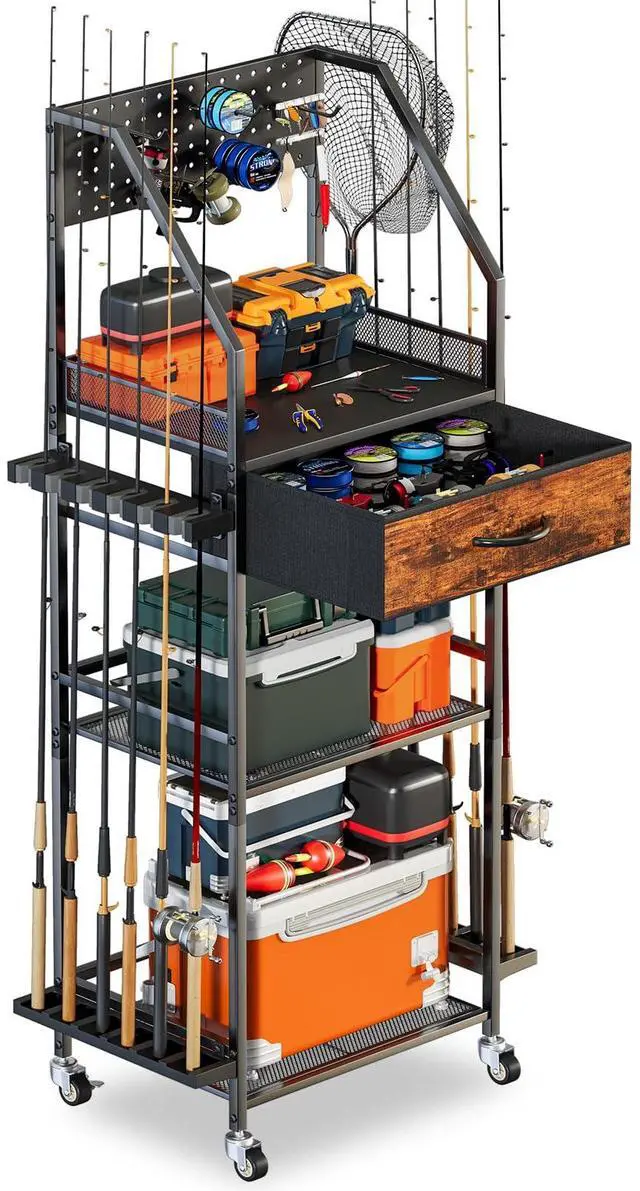 Main image of Fishing Rod Holder Organizer with Fabric Drawer & Pegboard, Space-Saving Garage Storage for 12 Rods, Reels, Tackle Boxes, Portable Fishing Gear Cart for Easy Access & Mobility
