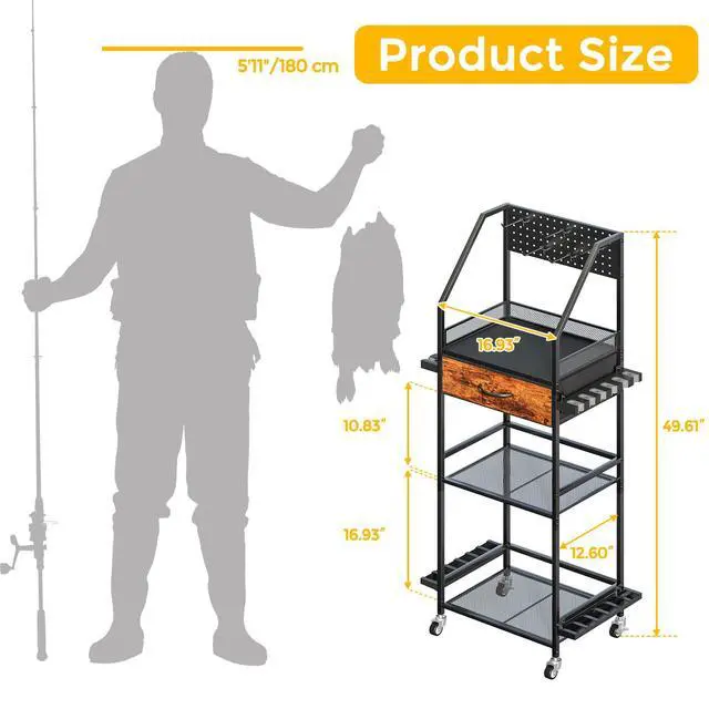 Alt view image 2 of 7 - Fishing Rod Holder Organizer with Fabric Drawer & Pegboard, Space-Saving Garage Storage for 12 Rods, Reels, Tackle Boxes, Portable Fishing Gear Cart for Easy Access & Mobility