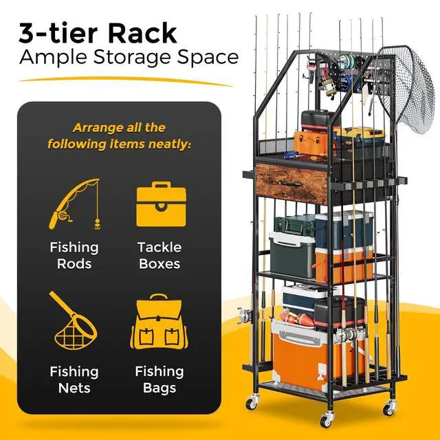 Alt view image 3 of 7 - Fishing Rod Holder Organizer with Fabric Drawer & Pegboard, Space-Saving Garage Storage for 12 Rods, Reels, Tackle Boxes, Portable Fishing Gear Cart for Easy Access & Mobility