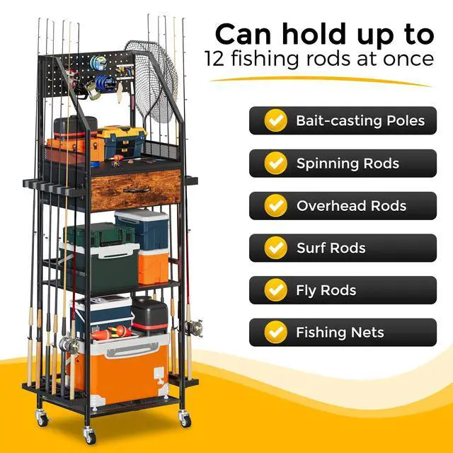Alt view image 4 of 7 - Fishing Rod Holder Organizer with Fabric Drawer & Pegboard, Space-Saving Garage Storage for 12 Rods, Reels, Tackle Boxes, Portable Fishing Gear Cart for Easy Access & Mobility