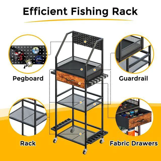 Alt view image 5 of 7 - Fishing Rod Holder Organizer with Fabric Drawer & Pegboard, Space-Saving Garage Storage for 12 Rods, Reels, Tackle Boxes, Portable Fishing Gear Cart for Easy Access & Mobility