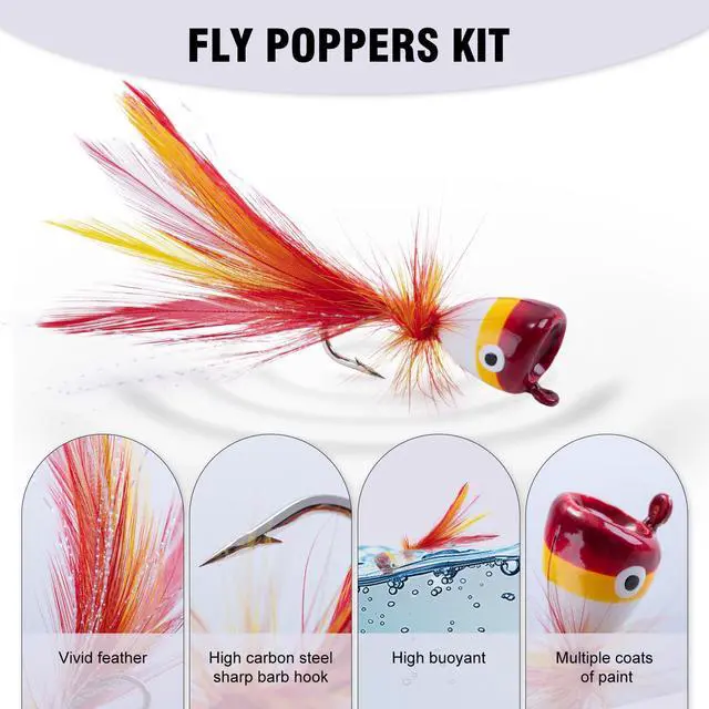 Alt view image 2 of 7 - Fly Fishing Poppers Lures, Topwater Popper Flies Bugs Lure, Fly Fish Poppers Fishing Lures Kit, Dry Flies for Panfish Bluegill Crappie Sunfish Bass Trout Salmon