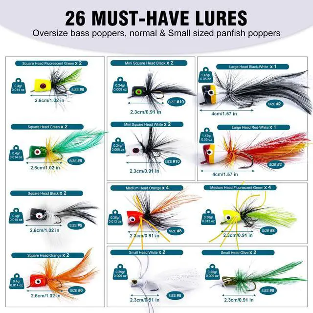 Alt view image 3 of 7 - Fly Fishing Poppers Lures, Topwater Popper Flies Bugs Lure, Fly Fish Poppers Fishing Lures Kit, Dry Flies for Panfish Bluegill Crappie Sunfish Bass Trout Salmon