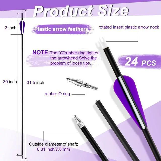 Alt view image 2 of 7 - 24 Pcs 31.5 Inch Arrows for Compound Bow Hunting Arrows Carbon Arrows with 3 Inch Plastic Arrow Feathers and Removable Tips 500-600 Spine Archery Target Arrows for Recurve Bow