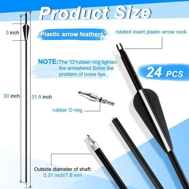 Alt view image 2 of 7 - 24 Pcs 31.5 Inch Arrows for Compound Bow Hunting Arrows Carbon Arrows with 3 Inch Plastic Arrow Feathers and Removable Tips 500-600 Spine Archery Target Arrows for Recurve Bow