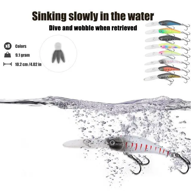 Alt view image 5 of 7 - Hard Jerkbait Kit Fishing Lures Set Including Minnow Popper Crank Baits with Hooks for Saltwater Freshwater Trout Bass Salmon Fishing Shallow Deep Diving Flat Side Crankbaits
