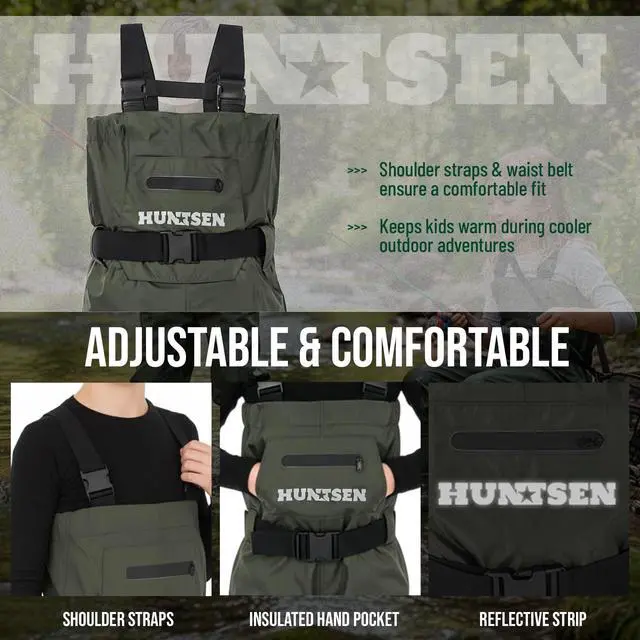 Alt view image 6 of 7 - Chest Waders for Kids with Boots - 2-Ply Nylon Waterproof Insulated Neoprene with Reflect Safety Band - Youth Fishing Waders with Boot Hanger for Toddler Children Hunting Waders for Boys Girls