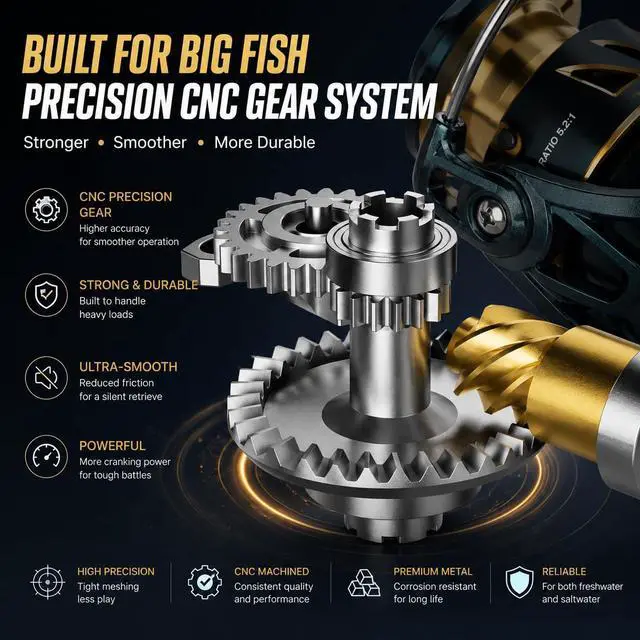 Alt view image 4 of 7 - Spinning Fishing Reel 33LBs Max Drag, 5.2:1 Gear Ratio, Water Resistant with 9+1 Corrosion-Resistant Bearings for Bass, Trout, Salmon Fishing