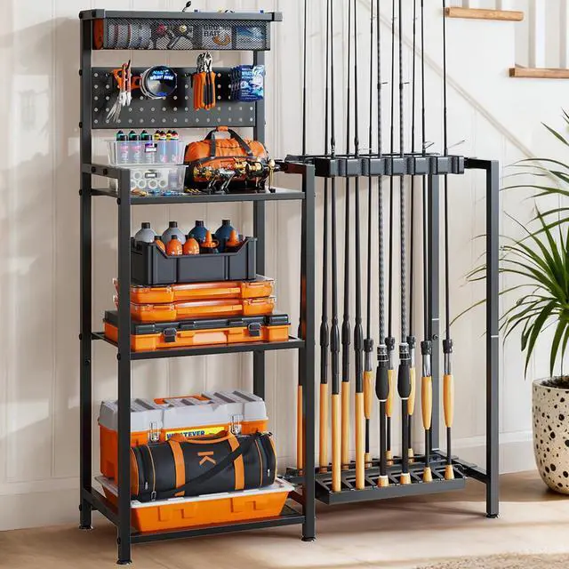 Main image of Fishing Rod Holders for Garage, Fishing Pole Holder with 3 Tier shelf, Heavy Duty Fishing Pole Rack with Pegboard & Basket, Fishing Rod Rack Hold up to 12 Fishing Rods, Ideal Fishing Gifts, Black