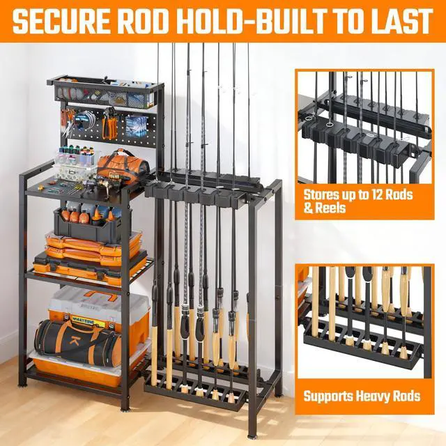 Alt view image 2 of 7 - Fishing Rod Holders for Garage, Fishing Pole Holder with 3 Tier shelf, Heavy Duty Fishing Pole Rack with Pegboard & Basket, Fishing Rod Rack Hold up to 12 Fishing Rods, Ideal Fishing Gifts, Black