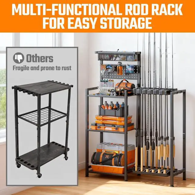 Alt view image 3 of 7 - Fishing Rod Holders for Garage, Fishing Pole Holder with 3 Tier shelf, Heavy Duty Fishing Pole Rack with Pegboard & Basket, Fishing Rod Rack Hold up to 12 Fishing Rods, Ideal Fishing Gifts, Black