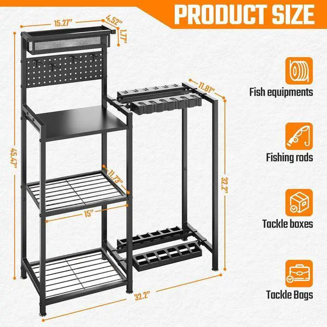 Alt view image 4 of 7 - Fishing Rod Holders for Garage, Fishing Pole Holder with 3 Tier shelf, Heavy Duty Fishing Pole Rack with Pegboard & Basket, Fishing Rod Rack Hold up to 12 Fishing Rods, Ideal Fishing Gifts, Black