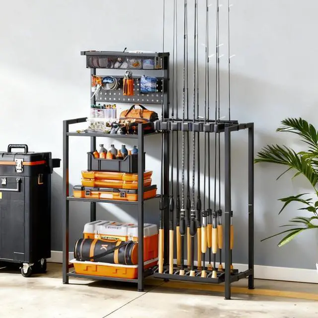 Alt view image 7 of 7 - Fishing Rod Holders for Garage, Fishing Pole Holder with 3 Tier shelf, Heavy Duty Fishing Pole Rack with Pegboard & Basket, Fishing Rod Rack Hold up to 12 Fishing Rods, Ideal Fishing Gifts, Black