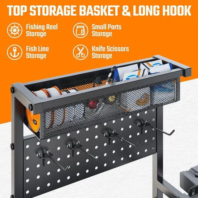 Alt view image 5 of 7 - Fishing Rod Holders for Garage, Fishing Pole Holder with 3 Tier shelf, Heavy Duty Fishing Pole Rack with Pegboard & Basket, Fishing Rod Rack Hold up to 12 Fishing Rods, Ideal Fishing Gifts, Black