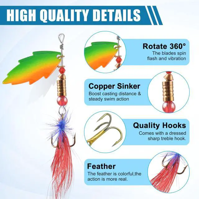 Alt view image 2 of 7 - Rooster Bait Tail Fishing Lures Kit Spinner Baits Trout Lures Spoon Lures Bass Lures Hard Bait Bass Lures Crankbaits for Bass Pike Trout Salmon Crappie Walleye Fishing