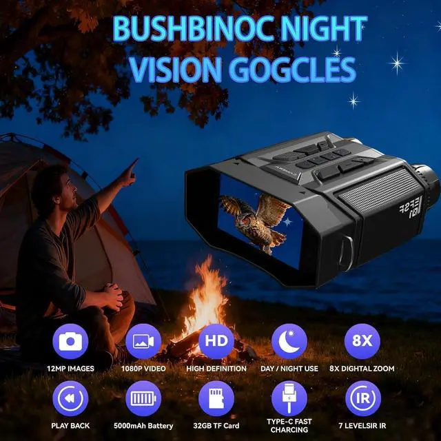 Alt view image 2 of 7 - Night Vision Goggles with 4000mAh Rechargeable Battery & 32GB Card, Backlit Buttons Infrared Night Vision Binoculars, Gifts for Men/Dad/Husband/Him, Camping Gear (Black)