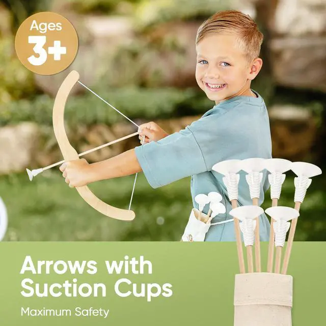 Alt view image 2 of 7 - ® Kids Bow and Arrow Set | Wooden Archery Toy for Boys & Girls Ages 3+, Bow and Arrow for Kids | Includes 6 Suction Cup Arrows, Wooden Target & Cotton Quiver | Indoor & Outdoor Play