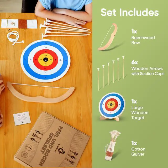 Alt view image 3 of 7 - ® Kids Bow and Arrow Set | Wooden Archery Toy for Boys & Girls Ages 3+, Bow and Arrow for Kids | Includes 6 Suction Cup Arrows, Wooden Target & Cotton Quiver | Indoor & Outdoor Play