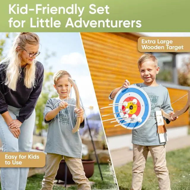 Alt view image 6 of 7 - ® Kids Bow and Arrow Set | Wooden Archery Toy for Boys & Girls Ages 3+, Bow and Arrow for Kids | Includes 6 Suction Cup Arrows, Wooden Target & Cotton Quiver | Indoor & Outdoor Play