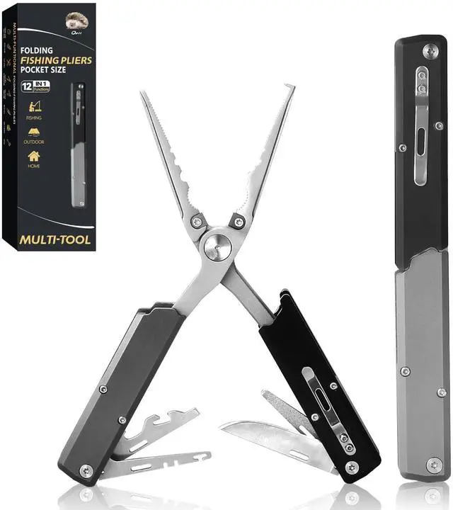 Main image of 12-in-1 Folding Fishing Pliers, Compact Saltwater Fishing Tool with Braid Cutter, Hook Remover, Split Ring Opener, Stainless Steel Fishing Gear Gift for Men