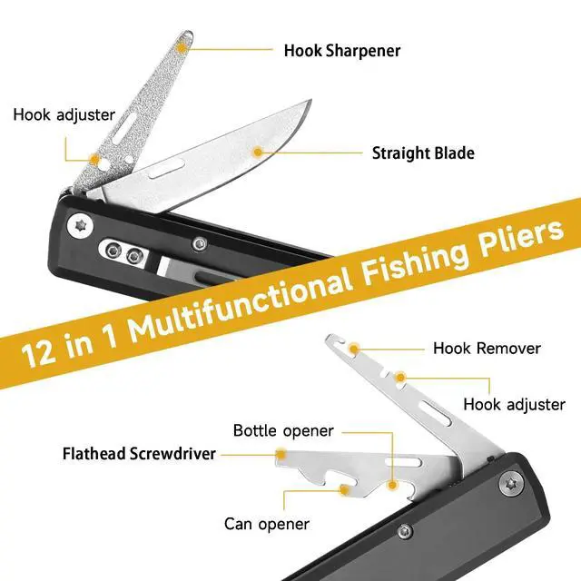 Alt view image 4 of 7 - 12-in-1 Folding Fishing Pliers, Compact Saltwater Fishing Tool with Braid Cutter, Hook Remover, Split Ring Opener, Stainless Steel Fishing Gear Gift for Men