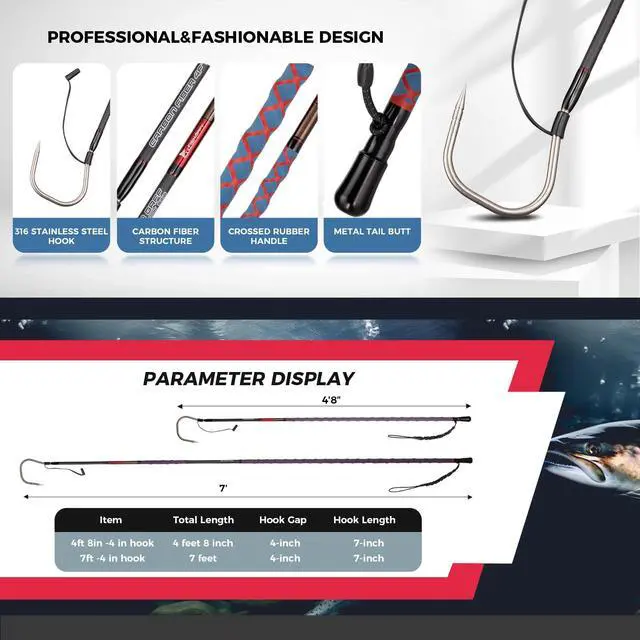 Alt view image 5 of 7 - Fishing Gaff Saltwater Fish Gaff with S316 Stainless Steel Fishing Hook Carbon Fiber Fishing Gaff