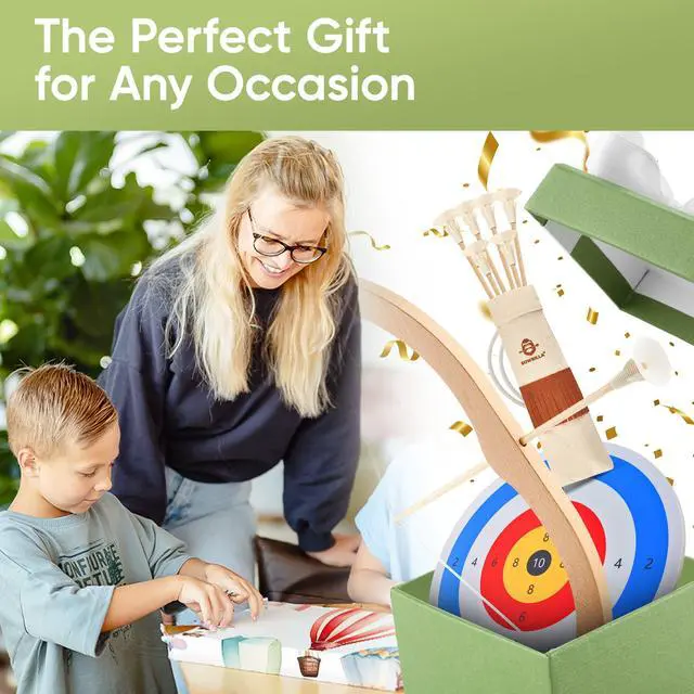 Alt view image 7 of 7 - ® Kids Bow and Arrow Set | Wooden Archery Toy for Boys & Girls Ages 3+, Bow and Arrow for Kids | Includes 6 Suction Cup Arrows, Wooden Target & Cotton Quiver | Indoor & Outdoor Play