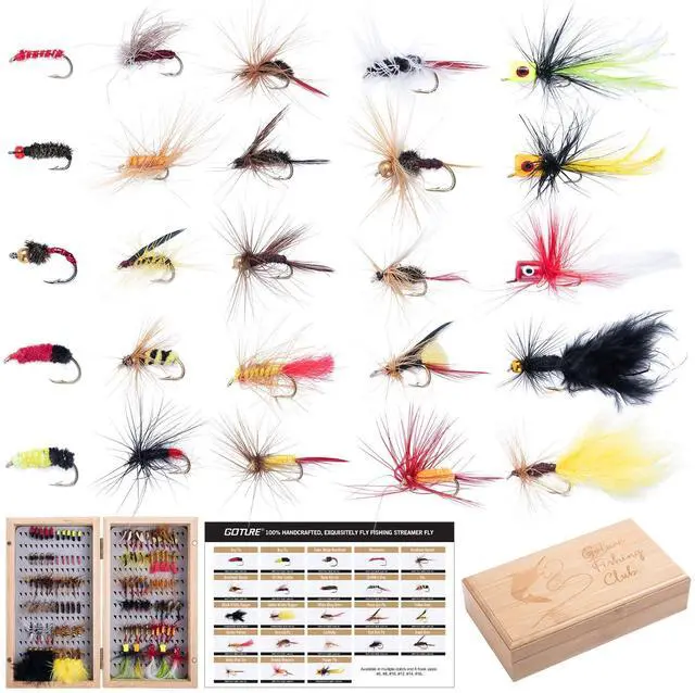 Main image of Fly Fishing Flies Kit, 54pcs Dry Wet Flies Streamers Nymphs with Wooden Fly Box, Bass Trout Steelhead Salmon Lures Set Assortment Kit, Gifts for Men