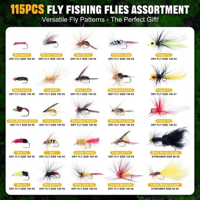 Alt view image 2 of 7 - Fly Fishing Flies Kit, 54pcs Dry Wet Flies Streamers Nymphs with Wooden Fly Box, Bass Trout Steelhead Salmon Lures Set Assortment Kit, Gifts for Men