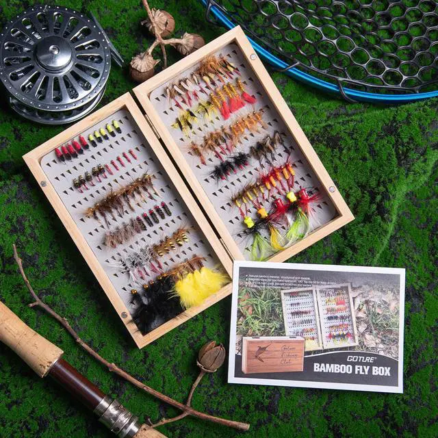 Alt view image 3 of 7 - Fly Fishing Flies Kit, 54pcs Dry Wet Flies Streamers Nymphs with Wooden Fly Box, Bass Trout Steelhead Salmon Lures Set Assortment Kit, Gifts for Men