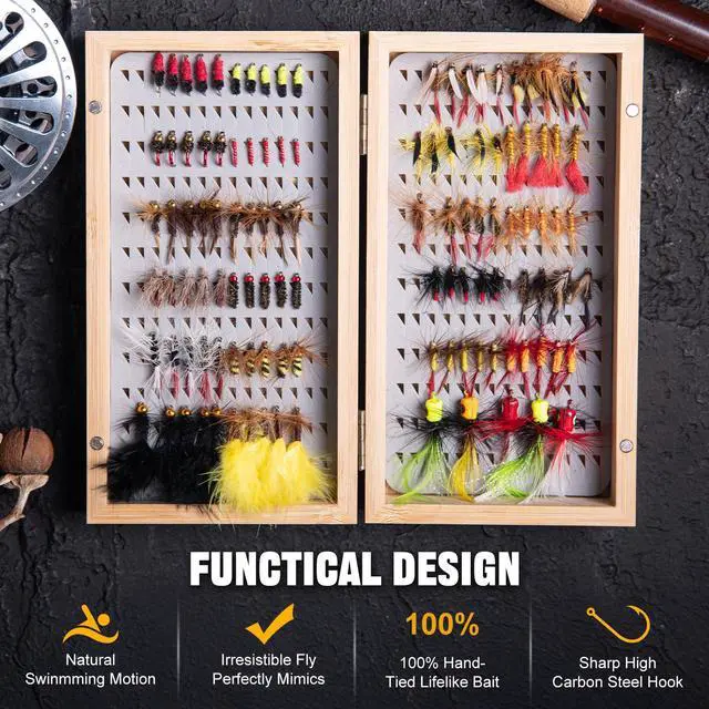 Alt view image 7 of 7 - Fly Fishing Flies Kit, 54pcs Dry Wet Flies Streamers Nymphs with Wooden Fly Box, Bass Trout Steelhead Salmon Lures Set Assortment Kit, Gifts for Men