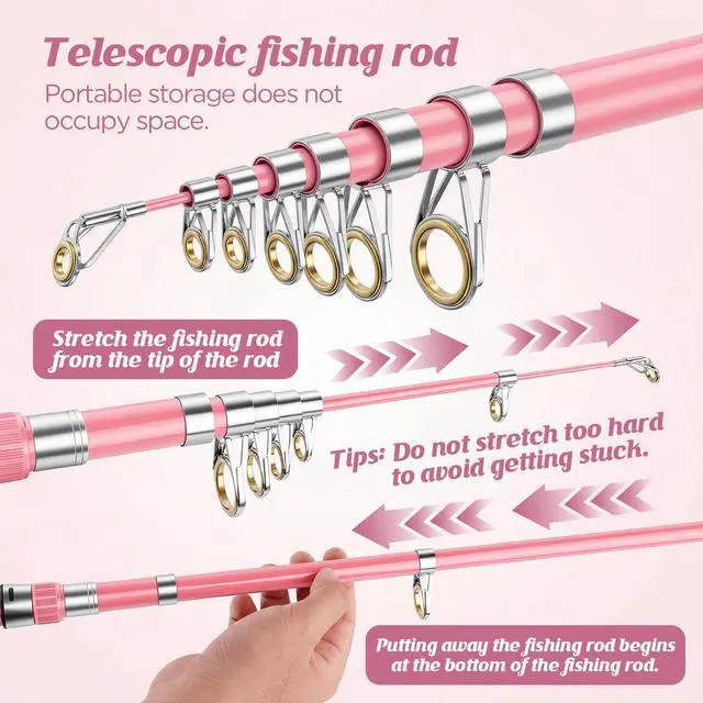 Alt view image 4 of 7 - Telescopic Fishing Rod Reel Combo Pink Fishing Gear for Girls Women Men | 6.89FT Portable Collapsible Spinning Pole with Smooth Reel Lures Tackle Box Kit Travel Bag Saltwater Freshwater Angling Gift