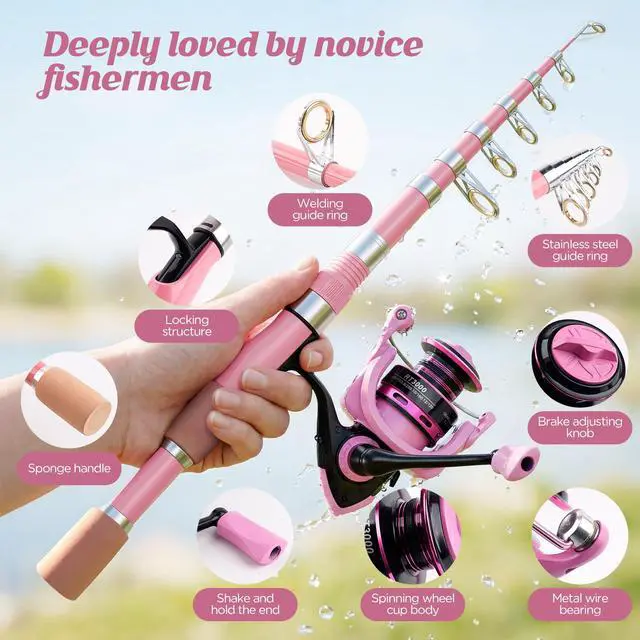 Alt view image 5 of 7 - Telescopic Fishing Rod Reel Combo Pink Fishing Gear for Girls Women Men | 6.89FT Portable Collapsible Spinning Pole with Smooth Reel Lures Tackle Box Kit Travel Bag Saltwater Freshwater Angling Gift