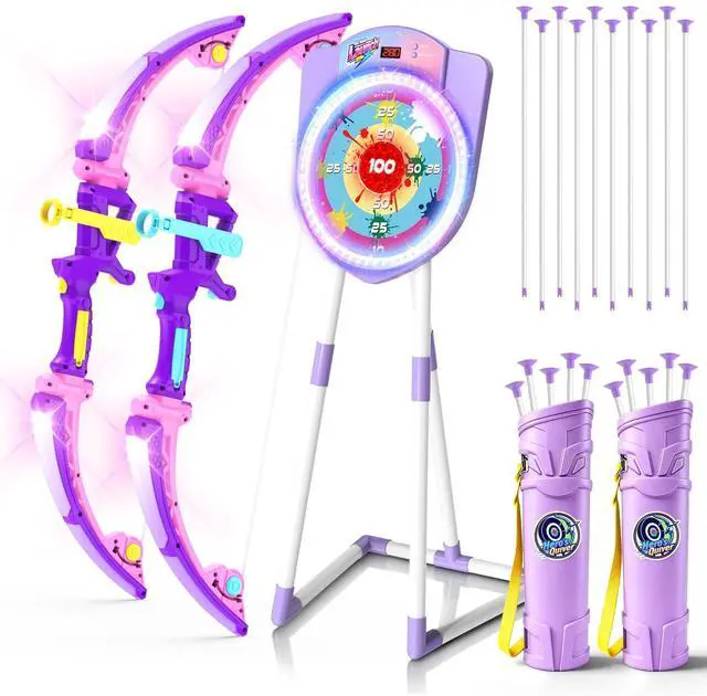 Main image of 2 Pack LED Bow and Arrow for Kids with Auto Scoring, Light Up Archery Set with 10 Suction Cup Arrows, 2 Quivers, LED Archery Target, Indoor Outdoor Backyard Toy Gift