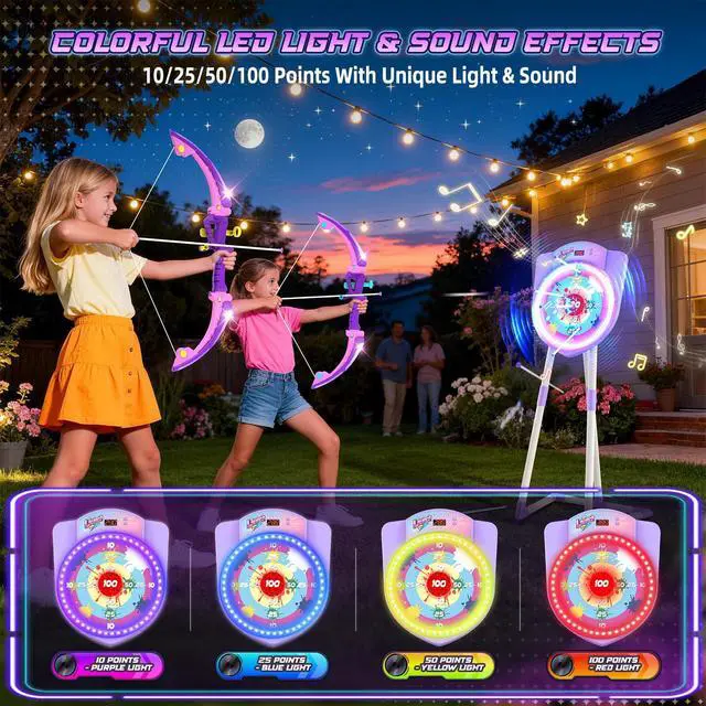 Alt view image 2 of 7 - 2 Pack LED Bow and Arrow for Kids with Auto Scoring, Light Up Archery Set with 10 Suction Cup Arrows, 2 Quivers, LED Archery Target, Indoor Outdoor Backyard Toy Gift