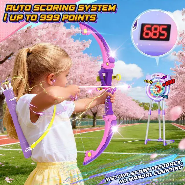 Alt view image 3 of 7 - 2 Pack LED Bow and Arrow for Kids with Auto Scoring, Light Up Archery Set with 10 Suction Cup Arrows, 2 Quivers, LED Archery Target, Indoor Outdoor Backyard Toy Gift