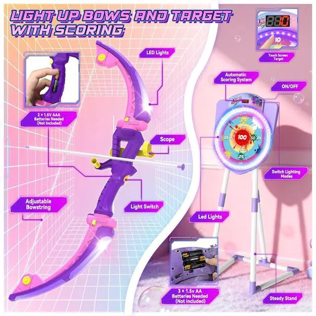 Alt view image 4 of 7 - 2 Pack LED Bow and Arrow for Kids with Auto Scoring, Light Up Archery Set with 10 Suction Cup Arrows, 2 Quivers, LED Archery Target, Indoor Outdoor Backyard Toy Gift
