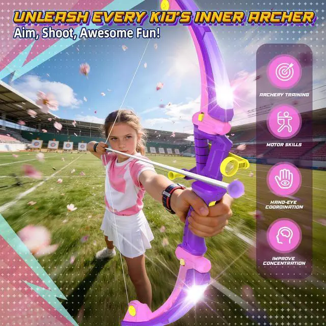 Alt view image 5 of 7 - 2 Pack LED Bow and Arrow for Kids with Auto Scoring, Light Up Archery Set with 10 Suction Cup Arrows, 2 Quivers, LED Archery Target, Indoor Outdoor Backyard Toy Gift