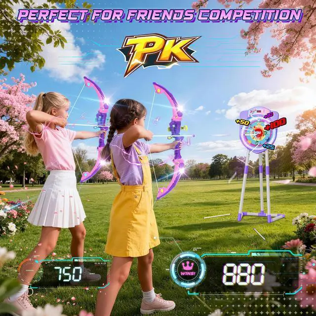 Alt view image 6 of 7 - 2 Pack LED Bow and Arrow for Kids with Auto Scoring, Light Up Archery Set with 10 Suction Cup Arrows, 2 Quivers, LED Archery Target, Indoor Outdoor Backyard Toy Gift
