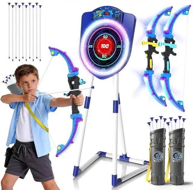 Main image of 2 Pack LED Bow and Arrow for Kids with Auto Scoring, Light Up Archery Set with 10 Suction Cup Arrows, 2 Quivers, LED Archery Target, Indoor Outdoor Backyard Toy Gift
