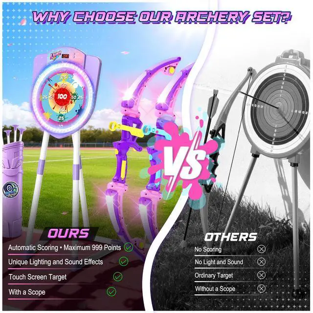 Alt view image 7 of 7 - 2 Pack LED Bow and Arrow for Kids with Auto Scoring, Light Up Archery Set with 10 Suction Cup Arrows, 2 Quivers, LED Archery Target, Indoor Outdoor Backyard Toy Gift