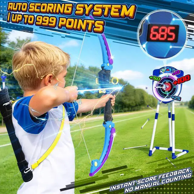 Alt view image 3 of 7 - 2 Pack LED Bow and Arrow for Kids with Auto Scoring, Light Up Archery Set with 10 Suction Cup Arrows, 2 Quivers, LED Archery Target, Indoor Outdoor Backyard Toy Gift