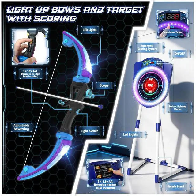 Alt view image 4 of 7 - 2 Pack LED Bow and Arrow for Kids with Auto Scoring, Light Up Archery Set with 10 Suction Cup Arrows, 2 Quivers, LED Archery Target, Indoor Outdoor Backyard Toy Gift